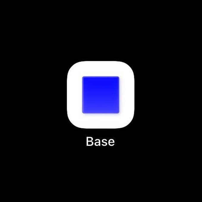 The Base app icon, featuring a blue square inside a white rounded square on a black background, with the word 'Base' displayed below it.