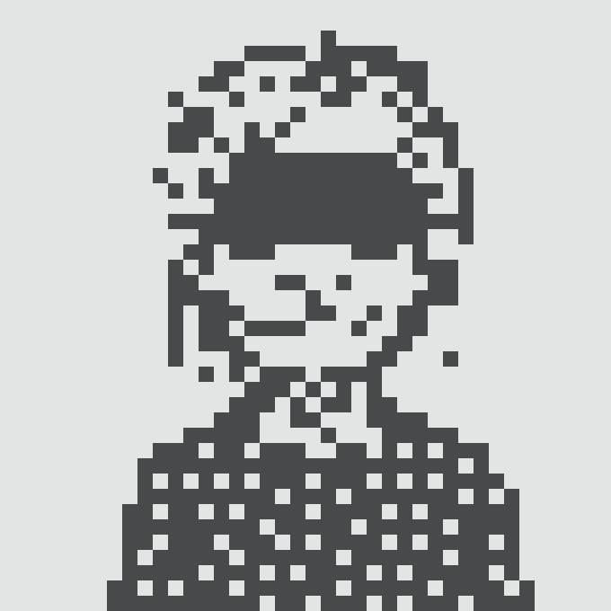 A pixelated, dark blue/grey bust illustration of a person wearing sunglasses and a patterned shirt on a white background.