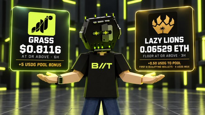 A stylized 3D avatar wearing a 'B//T' shirt is flanked by two digital cards displaying cryptocurrency stats: 'GRASS $0.8116' and 'LAZY LIONS 0.06529 ETH'.