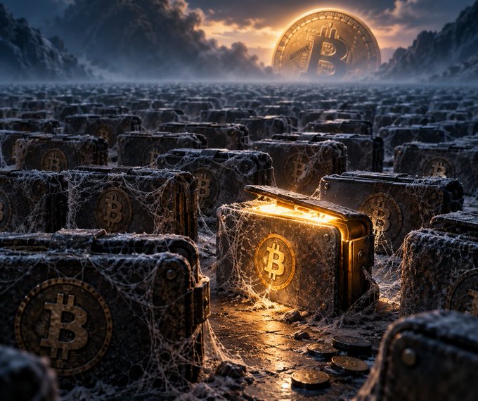 A dark, atmospheric digital artwork depicting numerous Bitcoin-branded safe boxes covered in cobwebs, with one glowing golden box in the foreground under a large Bitcoin coin in the sky.
