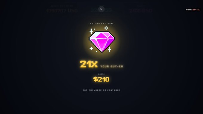 A gambling screen displays a glowing pink diamond with 'ASCENDANT GEM', showing a 21x buy-in win worth $210.