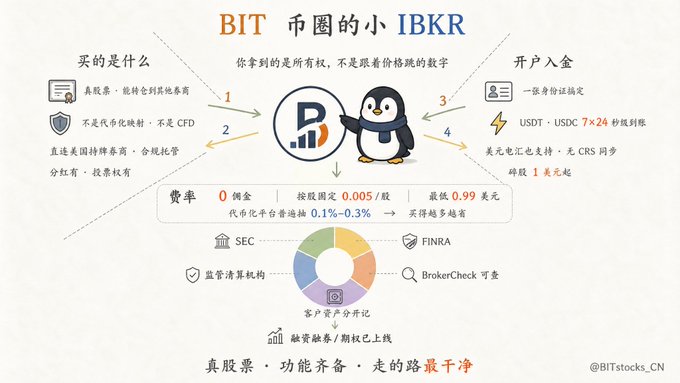 An infographic in Chinese and English explaining the BIT/IBKR stock trading platform, featuring a penguin mascot and listing features like 0 fees, SEC/FINRA regulation, and support for SEC/USDC deposits.