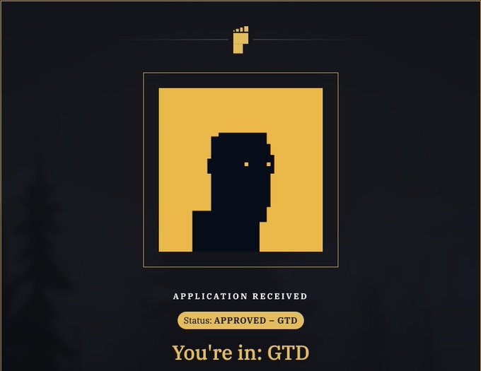 A pixel art notification screen with a yellow color scheme displays 'APPLICATION RECEIVED', 'Status: APPROVED - GTD', and 'You're in: GTD' against a dark background with tree silhouettes.