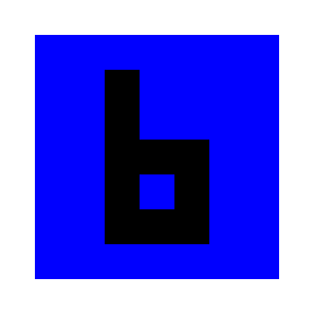 A minimalist graphic showing a black lowercase letter 'b' shape on a solid blue square background.