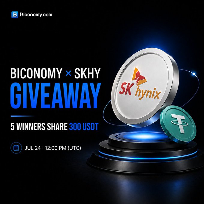 A promotional graphic for a Biconomy x SKHY giveaway on a black background, featuring a silver coin with the SK hynix logo alongside a green USDT coin on a glowing platform. The text advertises "5 WINNERS SHARE 300 USDT" on "JUL 24 · 12:00 PM (UTC)," visually representing the crypto rewards tied to the SK hynix Nasdaq trading festival.