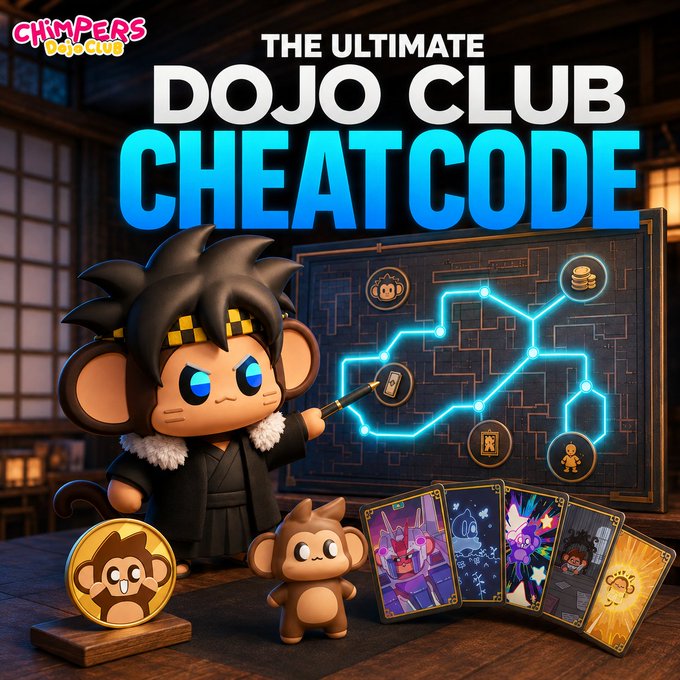 A promotional graphic for 'CHIMPERS DOJO CLUB' displays the text 'THE ULTIMATE DOJO CLUB CHEATCODE' alongside cartoon monkey characters and glowing pathway icons in a Japanese-style setting.
