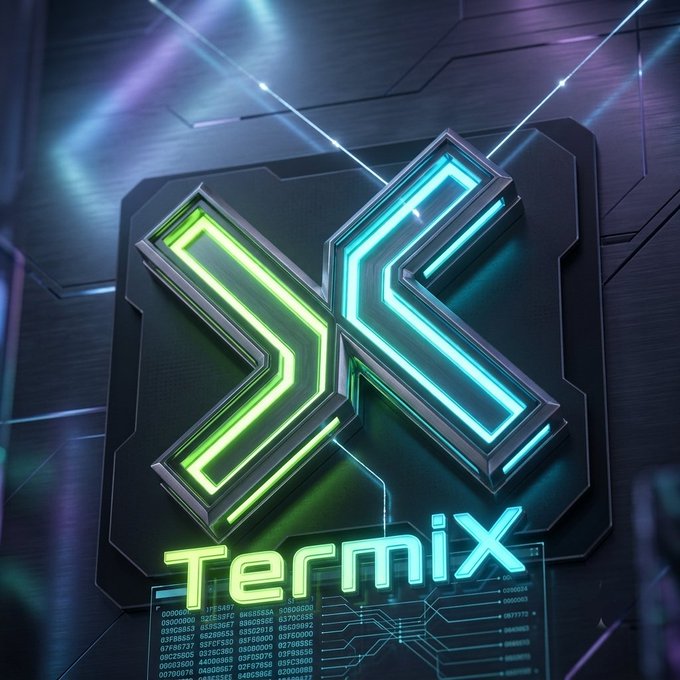 A 3D metallic neon logo featuring an 'X' symbol in green and blue lights above the word 'TermiX', set against a dark background with glowing lines and faint digital numbers.