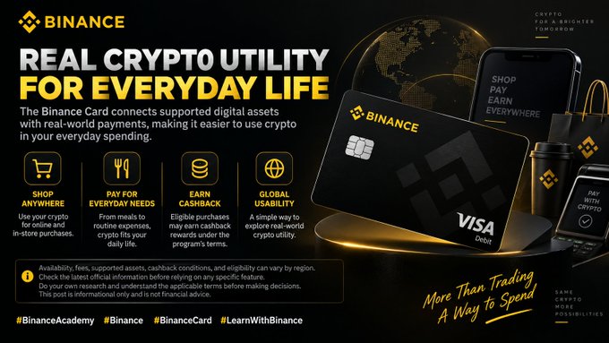 The image is a promotional banner for the Binance Card, featuring a sleek black Visa debit card alongside a smartphone displaying "SHOP PAY EARN EVERYWHERE," with tags like "SHOP ANYWHERE," "PAY FOR EVERYDAY NEEDS," "EARN CASHBACK," and "GLOBAL USABILITY" highlighting the card's practical crypto spending benefits—directly visualizing the post's message about bringing crypto utility into everyday life.