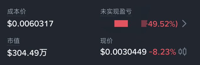 A financial dashboard in Chinese shows '成本价 $0.0060317', '未实现盈亏 -49.52%' (unrealized loss), '市值 $304.49万', and '现价 $0.0030449 -8.23%'.