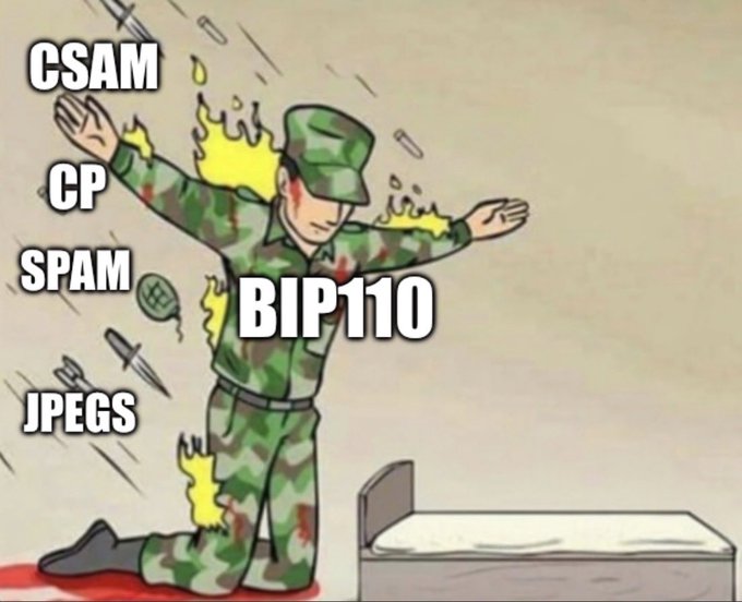Internet meme featuring a crying soldier in camouflage being shot at, with text labels 'CSAM', 'CP', 'SPAM', 'JPEGS', and 'BIP110' overlaid on the scene.