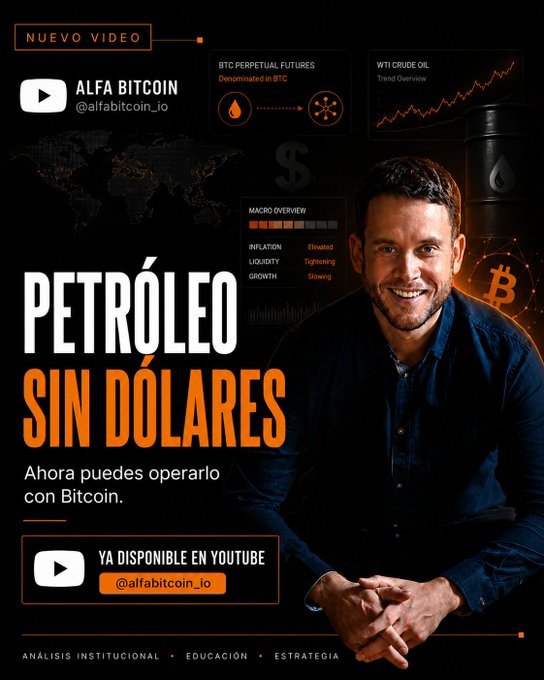 Promotional thumbnail for 'ALFA BITCOIN @alfabitcoin_io' featuring a man in a blue shirt beside the text 'PETRÓLEO SIN DÓLARES' and 'Ahora puedes operarlo con Bitcoin,' with graphics showing 'BTC PERPETUAL FUTURES', 'WTI CRUDE OIL Trend Overview', and a macro overview panel.
