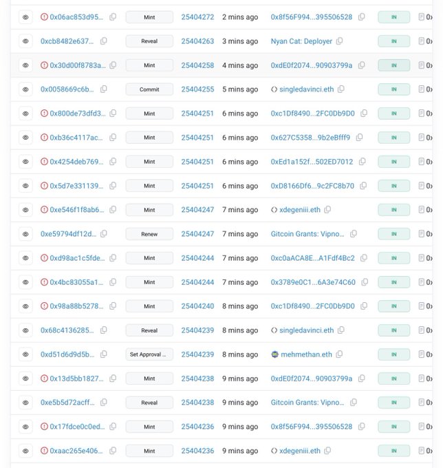 A blockchain transaction log displays a series of failed mint() function calls, with transaction IDs like 0x06ac853d95... and 0xccb8482e637..., actions labeled "Mint" or "Reveal," and recipients such as singledavinci.eth, Nyan Cat Deployer, and Gitcoin Grants. The image illustrates the post's observation about MEV bots spamming mint() calls, as evidenced by the numerous "Mint" action entries paired with "Reveal" and "Commit" actions.