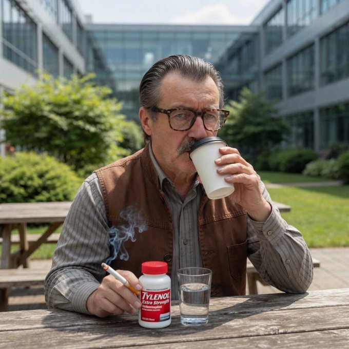 An older man with glasses and a mustache drinks from a paper cup while holding a cigarette, with a bottle labeled 'TYLENOL Extra Strength' and a glass of water on the wooden table beside him.
