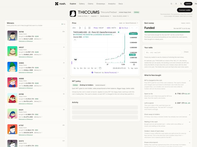 A screenshot of the Noshi Explore page showing a memecoin called THICCUMS/USD on Base, with price details, an NFT policy section, and a winners leaderboard on the left.