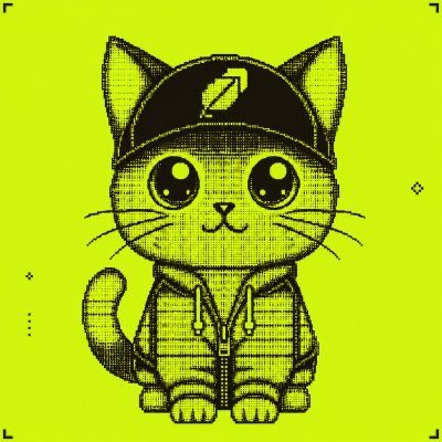 A yellow and black halftone-style illustration of a cute cat wearing a backwards cap and hoodie, featuring a 'Z' lightning bolt logo on the cap.