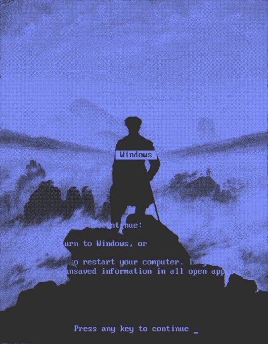 A blue-toned image featuring the silhouette of a man standing on a rocky peak overlooking clouds, overlaid with Windows error message text including 'continue:', 'urn to Windows, or', 'o restart your computer. Y', 'nsaved information in all open ap', and 'Press any key to continue _'.