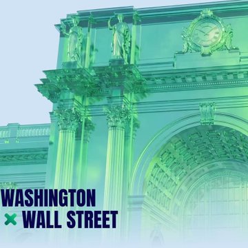 A teal-tinted architectural image of a classical building with columns and statues, overlaid with the text "WASHINGTON × WALL STREET".