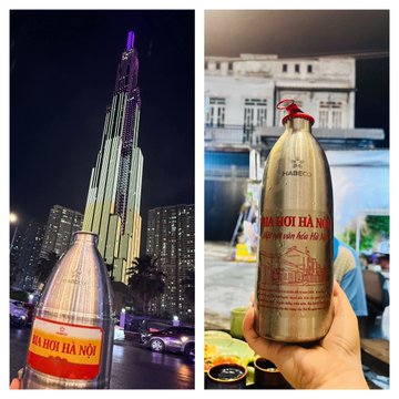 A side-by-side comparison of a 'BIA HOI HA NOI' (Hanoi Beer) aluminum bottle shown in front of the Landmark 81 skyscraper in Ho Chi Minh City on the left, and held up in front of a riverside location on the right.