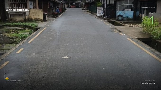 An outdoor photograph of an empty road with buildings on either side, styled with a camera interface overlay showing "verified outdoors", "CURRENT STREAM DAY 1", and "powered by touch grass".