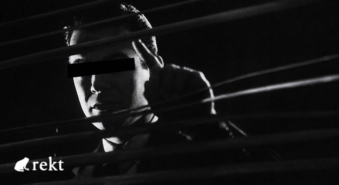 The black-and-white image shows a silhouetted figure peering through window blinds with the "rekt" logo in the bottom corner, symbolizing the secrecy and vulnerability surrounding the exploit where an attacker drained 2.985B TAC (~$7.5M) from the bonded-token pool through the Cosmos EVM underflow bug.