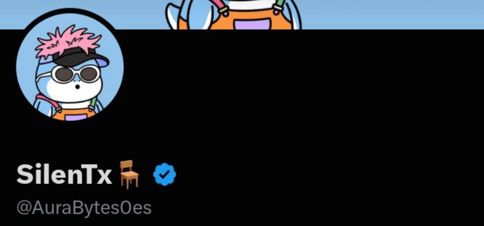 Twitter/X profile page for user 'SilenTx' with handle @AuraBytes0es, featuring an animated avatar of a character with pink hair and sunglasses, with a chair and verified badge next to the name.