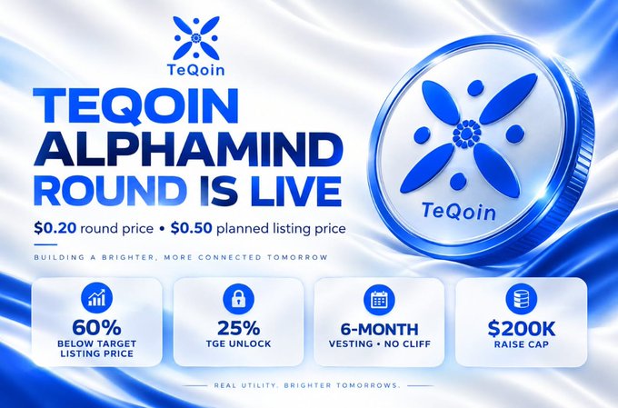 A promotional graphic for TeQoin's AlphaMind token round announces a $0.20 sale price versus a $0.50 planned listing price, highlighting key terms including a 25% TGE unlock, 6-month vesting with no cliff, a $200K raise cap, and the 60% below target listing price.