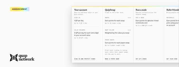 Announcement banner for Quip Network featuring a peach wallet account system with options to Sign In, QuipSwap, Run a node, and Refer friends.