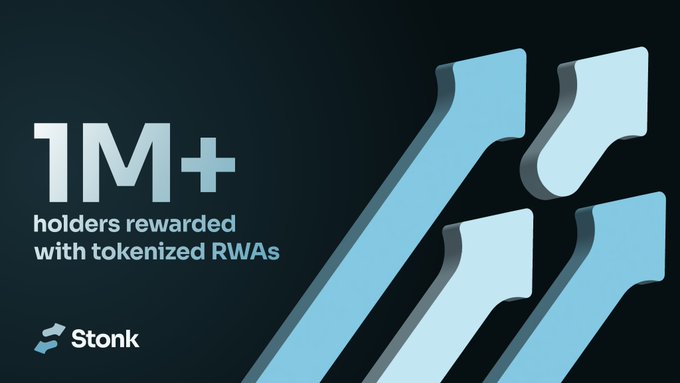 A promotional graphic reads '1M+ holders rewarded with tokenized RWAs' alongside the 'Stonk' logo and blue geometric shapes.