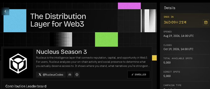 A screenshot of a web platform titled 'The Distribution Layer for Web3' showing details for 'Nucleus Season 3', with a countdown of 360d 09h 21m, opening on Aug 19, 2026, and 5,000 total available spots.