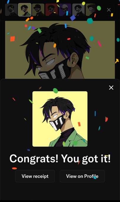 A mobile app screen showing a digital collectible card of an anime-style character with a mask, with a confetti overlay and the message 'Congrats! You got it!'