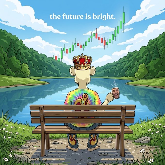 An illustrated scene of a crowned monkey character sitting on a wooden bench by a lake, wearing tie-dye clothing and holding a steaming cup with a meme face on it. Green and red candlestick chart patterns float in the sky above with the text 'the future is bright.'