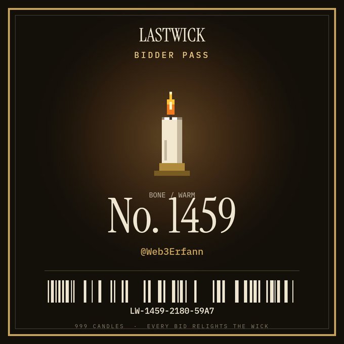 A digital 'Lastwick Bidder Pass' certificate featuring a candle graphic, numbered No. 1459, with a barcode and the handle @Web3Erfann.