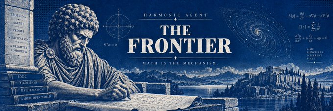 A blue-toned banner featuring a classical Greek philosopher statue writing at a desk, with the headline "HARMONIC AGENT: THE FRONTIER" and tagline "MATH IS THE MECHANISM," alongside mathematical equations, a galaxy illustration, and a list of mathematical concepts (Problems, Agents, Tools, Verification, etc.) — visually framing the post's theme of a unified framework for solving hard mathematical problems.