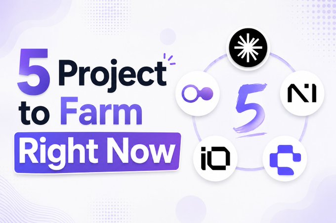 The image is a purple-themed graphic featuring the bold text "5 Project to Farm Right Now," alongside a circular diagram highlighting five project icons—including N1, IQ, Polkadot, and others—corresponding to the post's list of five crypto projects the author is currently farming.