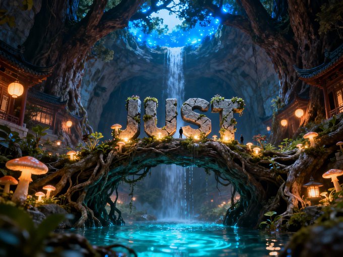 The image shows the word "JUST" spelled out in stone letters on a natural root bridge beneath a waterfall in a magical forest setting. The mystical, lush environment with glowing mushrooms and a cascading waterfall visually reinforces the post's theme of JustLend DAO serving as a foundational pillar of TRON DeFi.