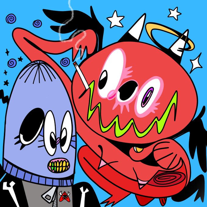 A cartoon illustration of two stylized characters, one with a blue beanie and skeleton jacket and a red devil-like figure smoking a cigarette, against a blue starry background.