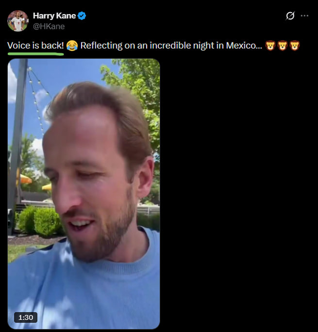 A tweet from Harry Kane (@HKane) reading 'Voice is back! 😂 Reflecting on an incredible night in Mexico...' featuring a 1:30 video of him speaking outdoors.