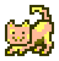 A pixel art illustration of a cute pink and yellow cat with a curled tail, simple dot eyes, and a smiling face, outlined in dark brown.