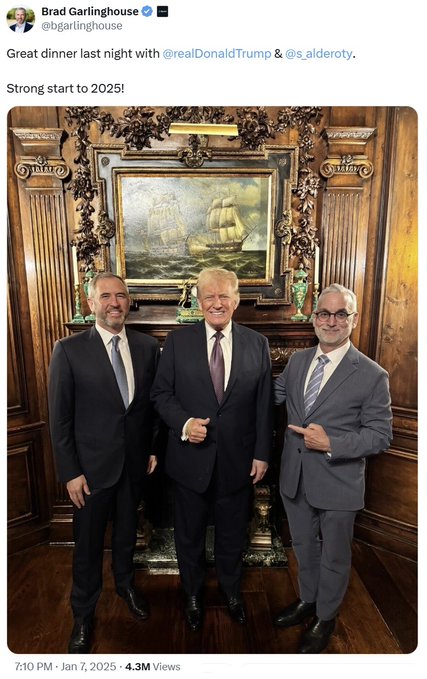 Brad Garlinghouse posted a photo of himself with Donald Trump and "s_alderoty" (likely Stuart Alderoty, Ripple's Chief Legal Officer), captioned "Great dinner last night with @realDonaldTrump & @s_alderoty. Strong start to 2025!" The image shows the three men in suits posing in front of an ornate fireplace with a sailing ship painting, reflecting Ripple's bullish stance on regulatory engagement with the incoming Trump administration amid growing XRP/WLFI momentum.
