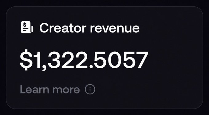 A dark-themed dashboard showing 'Creator revenue' of '$1,322.5057' with a 'Learn more' link below.