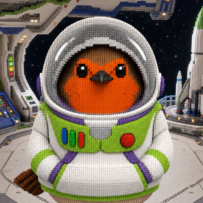 A LEGO-style brick-built orange bird wearing a space suit with the hood up stands in a starry cosmic setting with a rocket in the background, fitting the "To infinity and beyond... The Hood Stays Up!" caption perfectly as it depicts the character ready for a space mission.