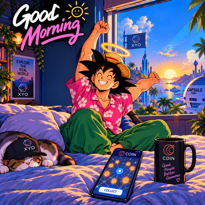 An anime-style illustration of a Goku-like character in a pink floral shirt and straw hat stretching on a bed with a 'Good Morning' greeting, alongside XYO branding, a COIN app on a smartphone, a COIN mug reading 'Good People Better Geomines', and a sleeping cat.