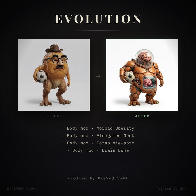 A side-by-side "EVOLUTION" comparison showing a mustachioed, hat-wearing brown character holding a soccer ball labeled "BEFORE" transforming into a heavily armored, bloated cyborg version with a glass brain dome and exposed torso organs labeled "AFTER," featuring body mods for Morbid Obesity, Elongated Neck, Torso Viewport, and Brain Dome, credited to 0xe7ed...1541 as BRAINROT #7394.
