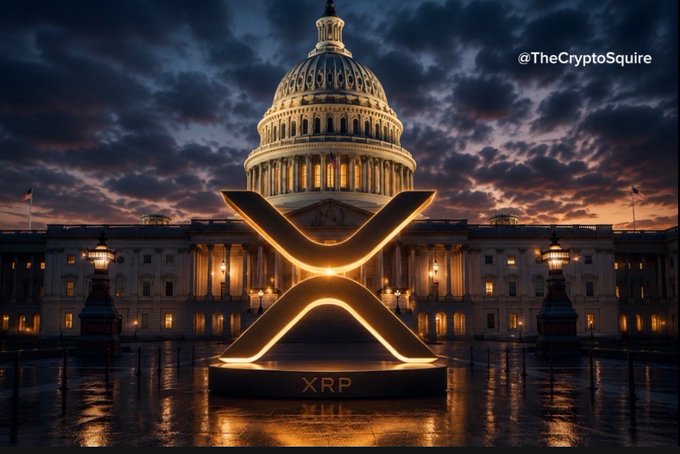 The U.S. Capitol building is illuminated at dusk with a glowing XRP logo monument in the foreground, symbolizing crypto's growing presence in Washington. The watermark "@TheCryptoSquire" appears in the upper right, visually reinforcing the post's message about Senator Lummis's bullish outlook on crypto's future.