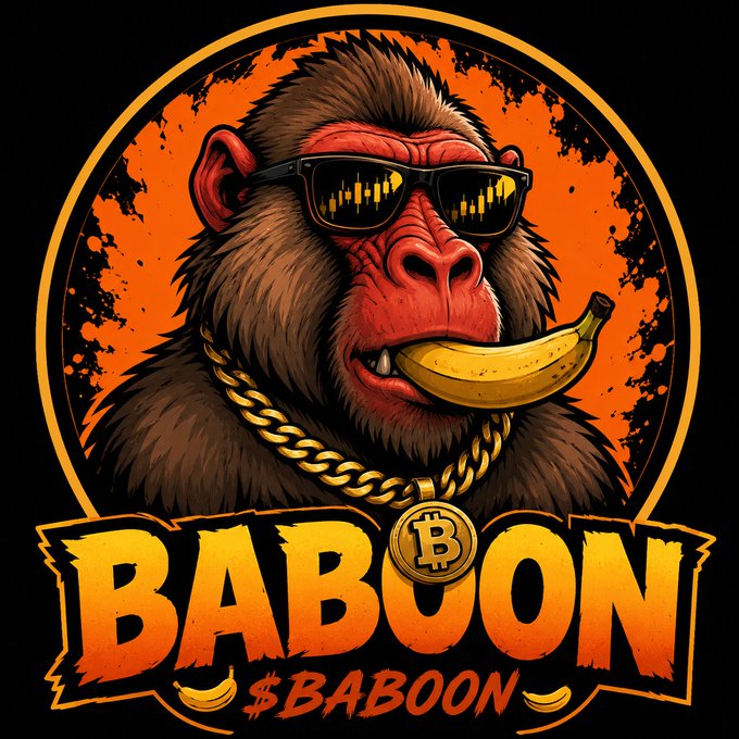 A logo featuring a cartoon baboon wearing sunglasses, holding a banana in its mouth, with a gold chain bearing a Bitcoin 'B' medallion, labeled 'BABOON $BABOON'.