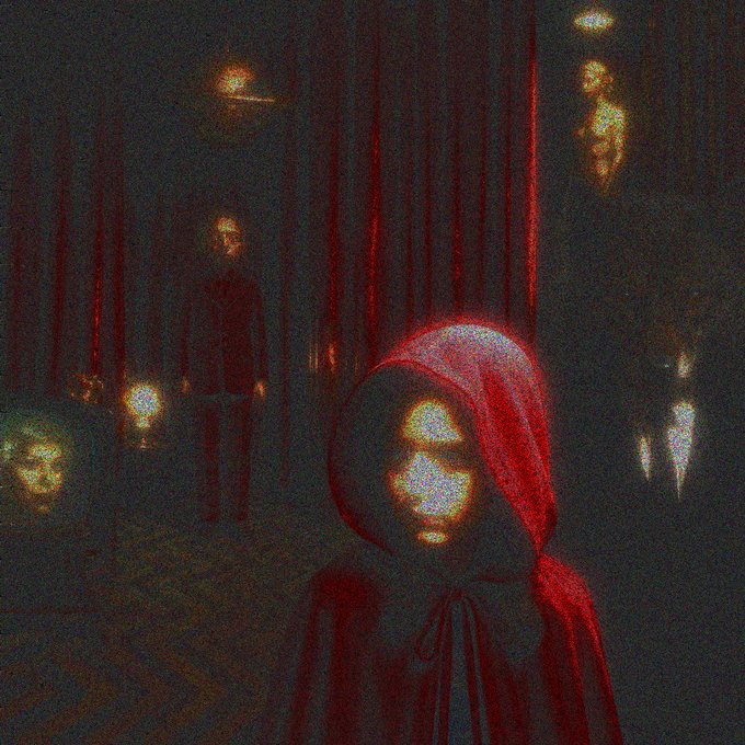 A dark, grainy, unsettling illustration featuring a figure in a red hooded cloak in the foreground with glowing, distorted face, surrounded by shadowy figures in a dimly lit environment with vertical red streaks.