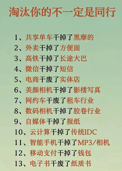 A Chinese infographic titled '淘汰你的不一定是同行' (What eliminates you may not be competitors) listing 13 cases of technological disruption, such as shared bikes eliminating Uber and food delivery eliminating instant noodles.