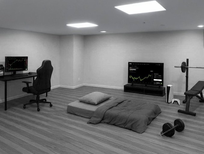 A grayscale rendering of a bedroom setup featuring a desk with dual monitors, an office chair, a mattress on the floor, a TV displaying trading charts, a gaming console, and a weight bench with a barbell.