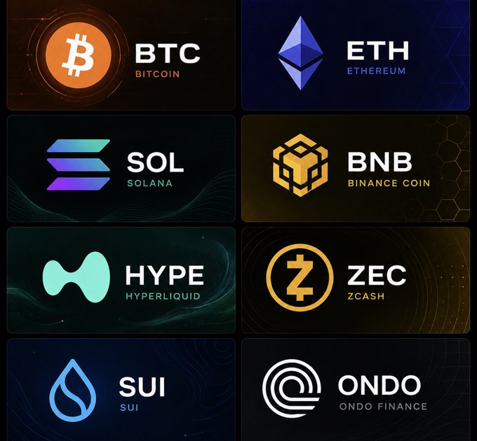 A digital graphic displaying logos and tickers for various cryptocurrencies: BTC (Bitcoin), ETH (Ethereum), SOL (Solana), BNB (Binance Coin), HYPE (Hyperliquid), ZEC (Zcash), SUI, and ONDO (Ondo Finance).