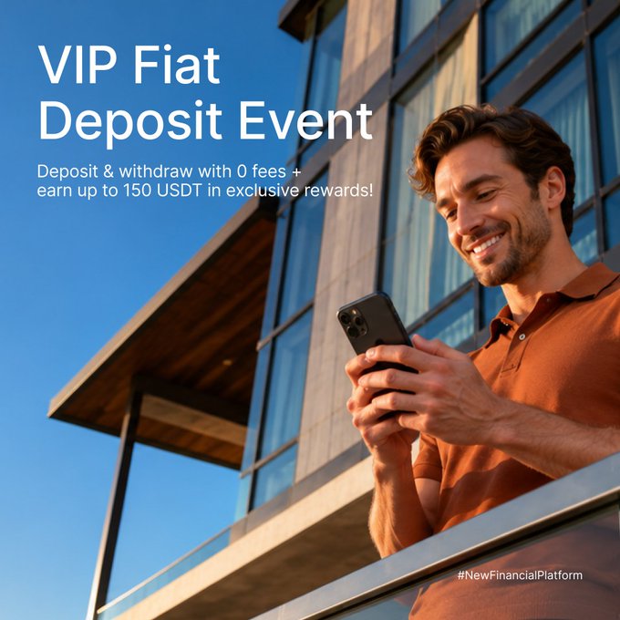 A smiling man in an orange polo shirt stands on a modern building's balcony, looking at his smartphone. The promotional overlay reads "VIP Fiat Deposit Event — Deposit & withdraw with 0 fees + earn up to 150 USDT in exclusive rewards!" alongside the hashtag "#NewFinancialPlatform," aligning with the post's exclusive, deadline-driven VIP offer.